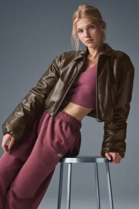 Blouson aviateur court « Premier » en simili cuir - Espresso