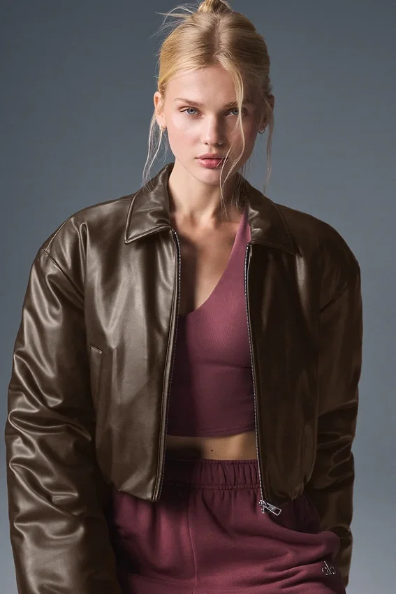 Blouson aviateur court « Premier » en simili cuir - Espresso