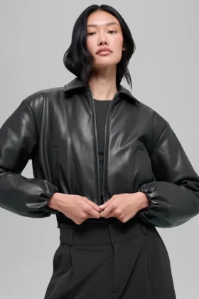 Blouson aviateur court « Premier » en simili cuir - Noir