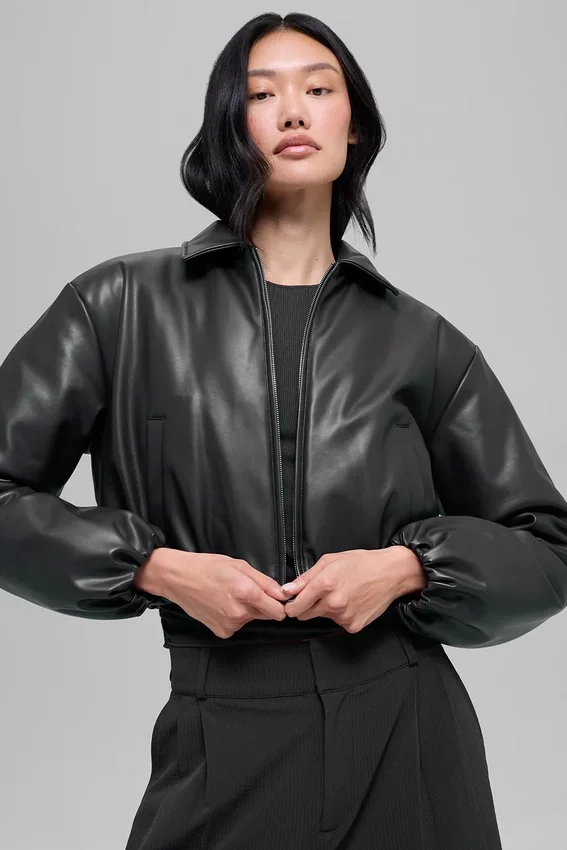 Blouson aviateur court « Premier » en simili cuir - Noir