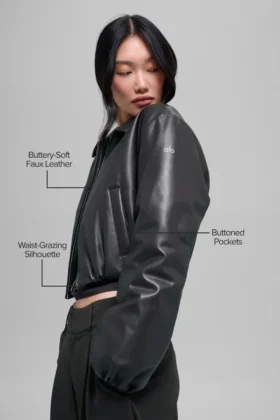 Blouson aviateur court « Premier » en simili cuir – Noir