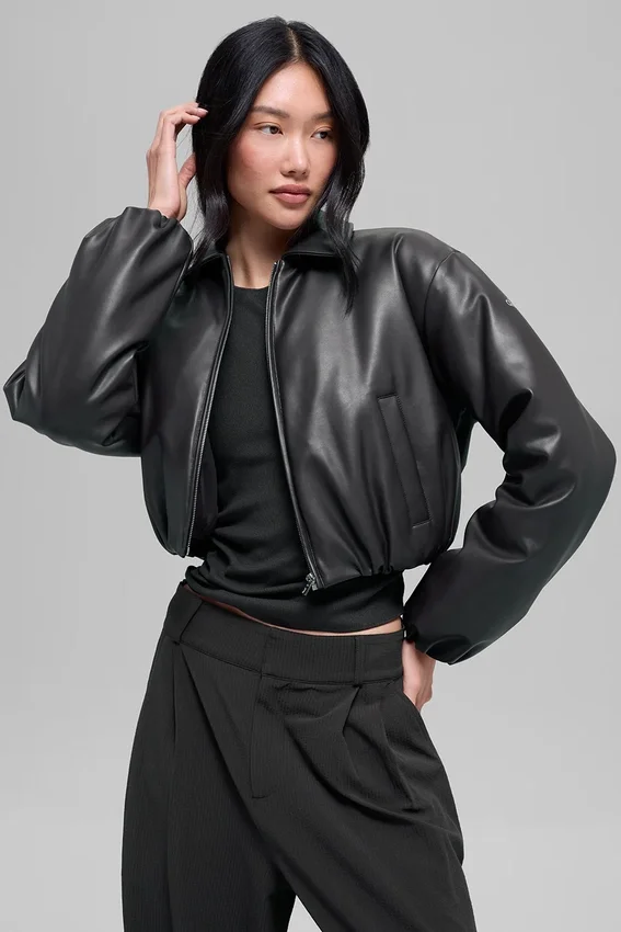 Blouson aviateur court « Premier » en simili cuir - Noir