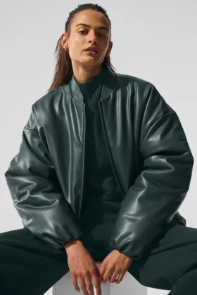 Blouson aviateur Premier en simili cuir - Vert charbon