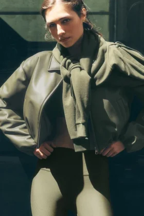 Bomber court Premier en simili cuir - Vert olive
