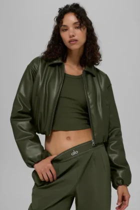 Bomber court Premier en simili cuir – Vert olive