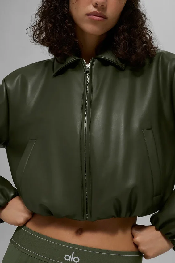 Bomber court Premier en simili cuir - Vert olive