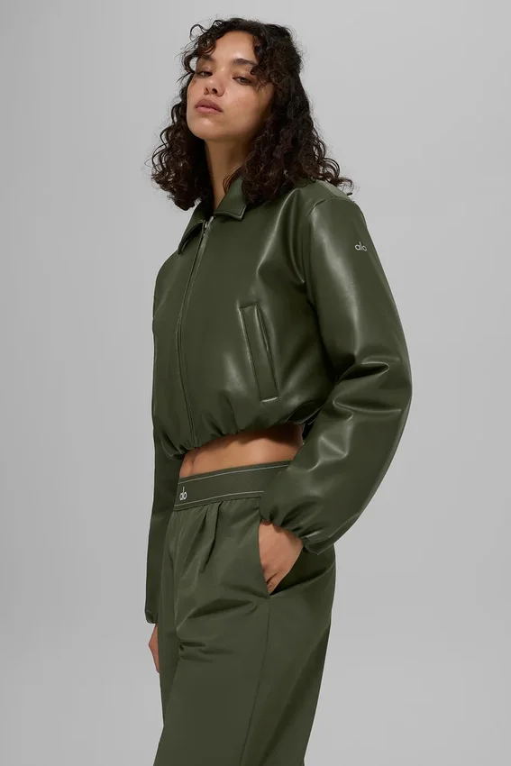 Bomber court Premier en simili cuir - Vert olive