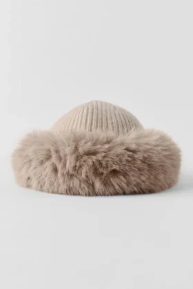 Bonnet Courchevel en cachemire et fausse fourrure – Gris chiné