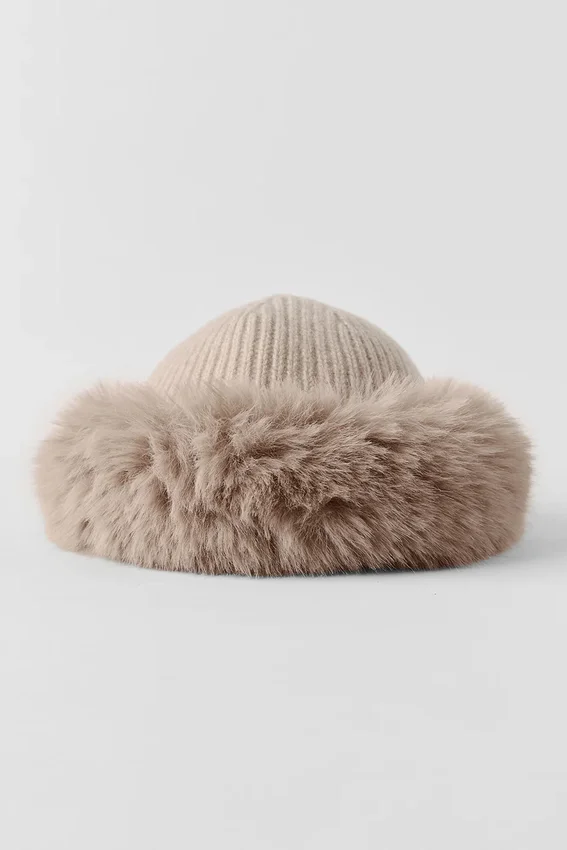 Bonnet Courchevel en cachemire et fausse fourrure - Gris chiné