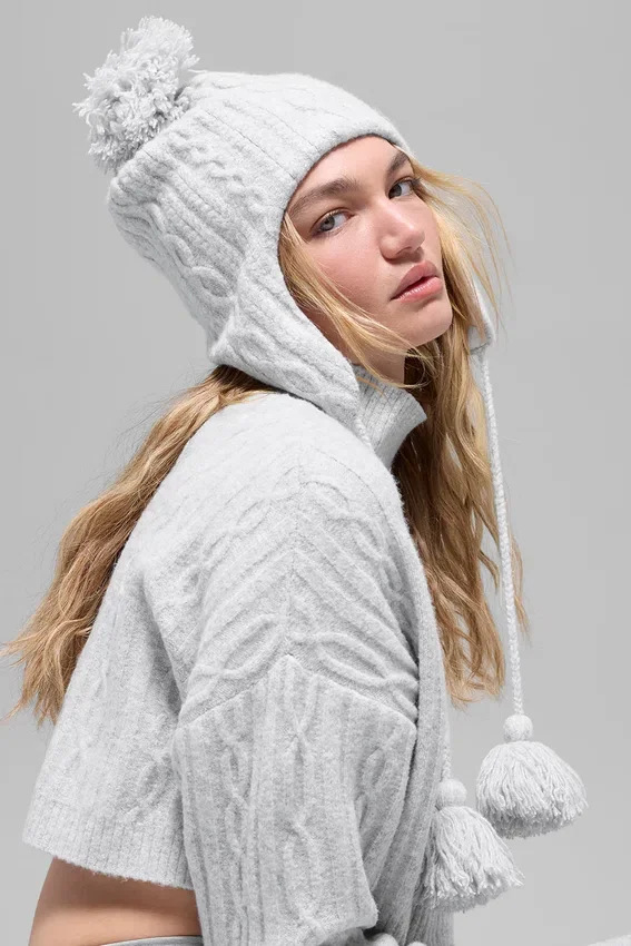 Bonnet à oreillettes « Winter Bliss » en maille torsadée - Gris chiné athlétique