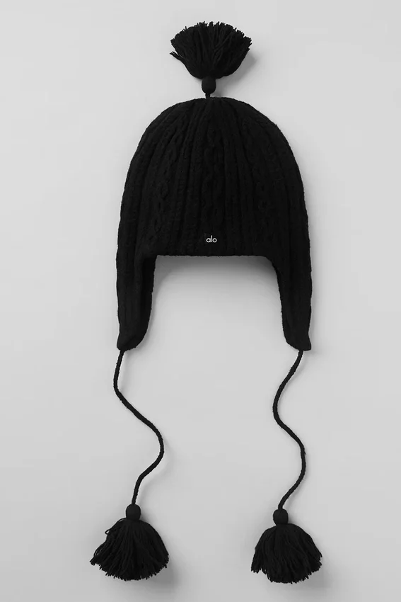 Bonnet à oreillettes Winter Bliss en maille torsadée - Noir