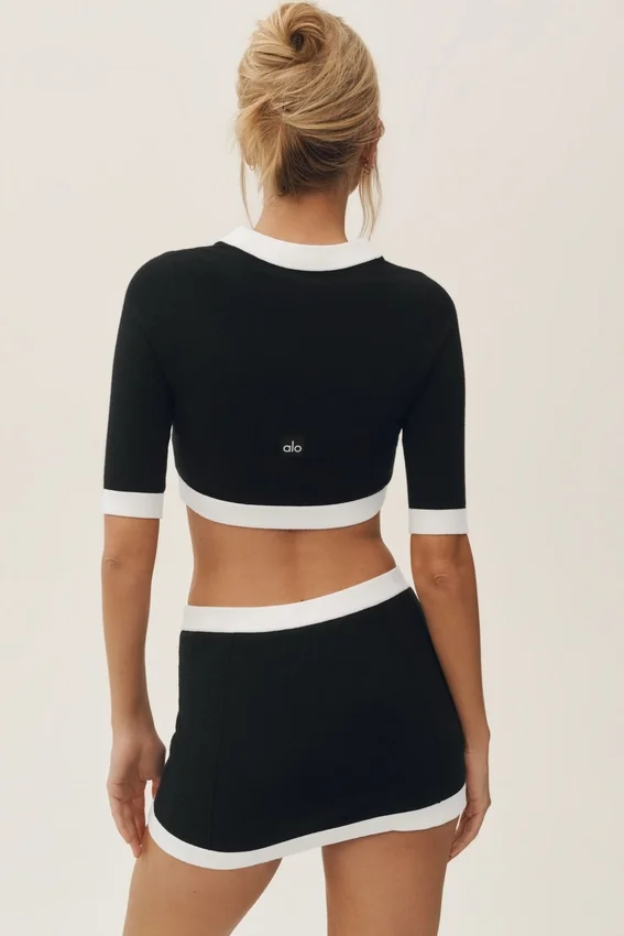 Cardigan court « Capri Dream » en coton et cachemire - Noir/Blanc