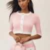 Cardigan court « Dream » en coton et cachemire, coupe capri – Rose ensoleillé/Blanc
