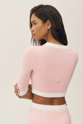Cardigan court « Dream » en coton et cachemire, coupe capri – Rose ensoleillé/Blanc