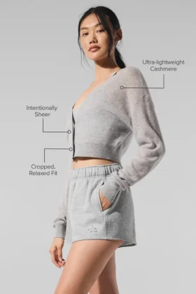 Cardigan court en cachemire transparent – Gris chiné athlétique
