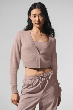 Cardigan court en cachemire voilé - Taupe