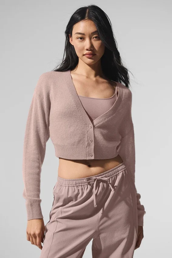 Cardigan court en cachemire voilé - Taupe
