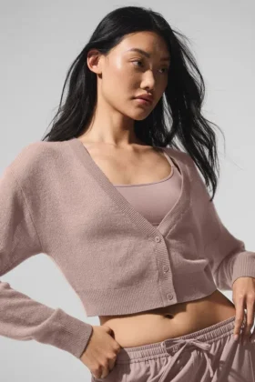 Cardigan court en cachemire voilé – Taupe