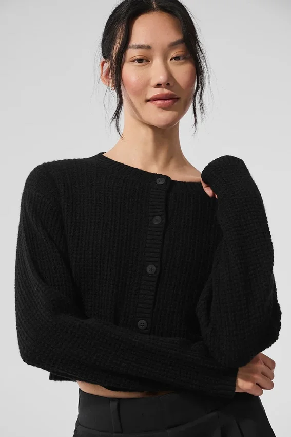 Cardigan en cachemire moelleux à motif gaufré - Noir