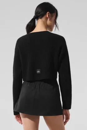 Cardigan en cachemire moelleux à motif gaufré – Noir