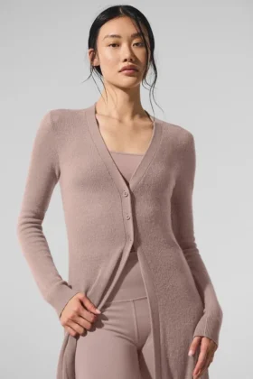 Cardigan long en cachemire transparent – Taupe