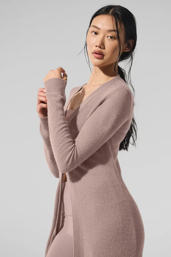 Cardigan long en cachemire transparent - Taupe