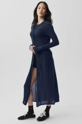Cardigan long en cachemire voilé - Bleu marine