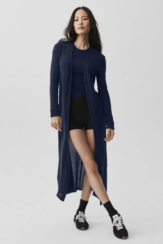 Cardigan long en cachemire voilé - Bleu marine