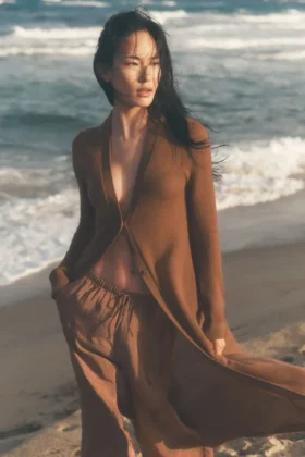 Cardigan long en cachemire voilé - Marron ensoleillé