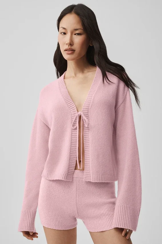 Cardigan « New Class » en laine et cachemire à nouer – Rose vintage