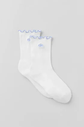 Chaussettes pour femme à bordure festonnée - Blanc/Bleu Provence clair