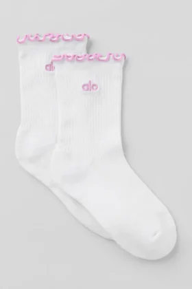 Chaussettes pour femme à bordure festonnée - Blanc/Rose bonbon