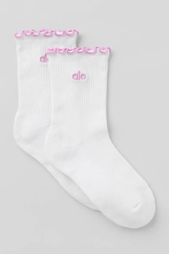 Chaussettes pour femme à bordure festonnée - Blanc/Rose bonbon