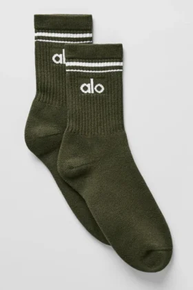 Chaussettes unisexes mi-mollet style rétro - Vert olive/Blanc