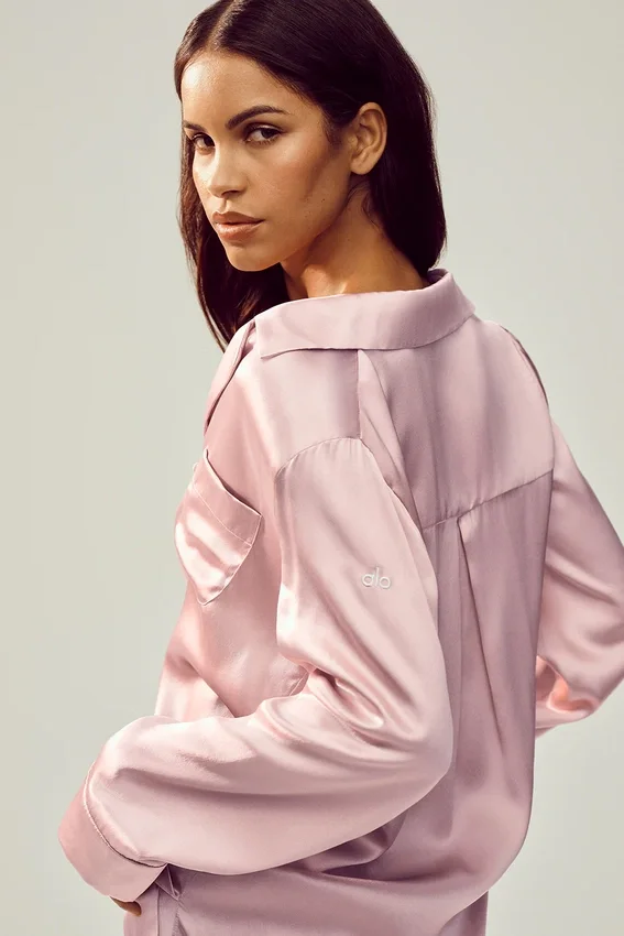 Chemise boutonnée en soie Luminous - Rose champagne