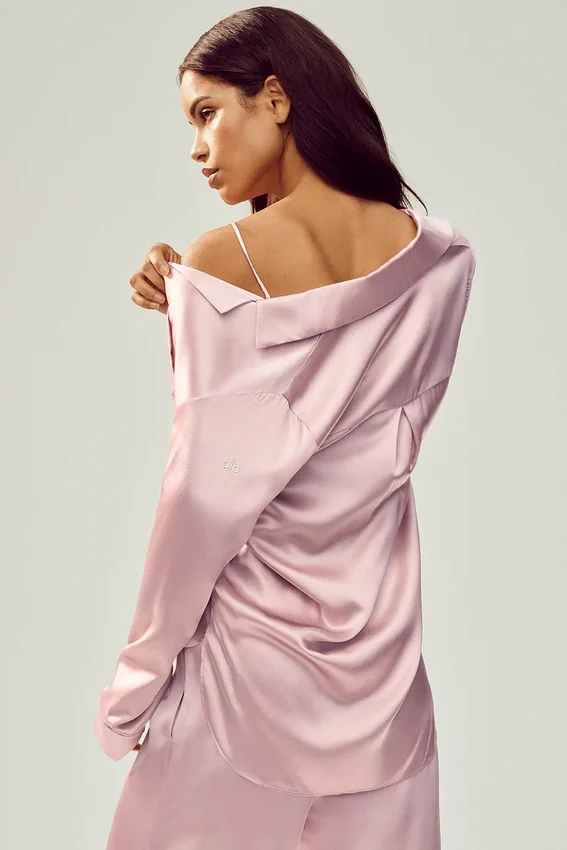 Chemise boutonnée en soie Luminous - Rose champagne