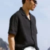 Chemise boutonnée à manches courtes Linen Days - Noir