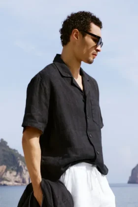 Chemise boutonnée à manches courtes Linen Days - Noir