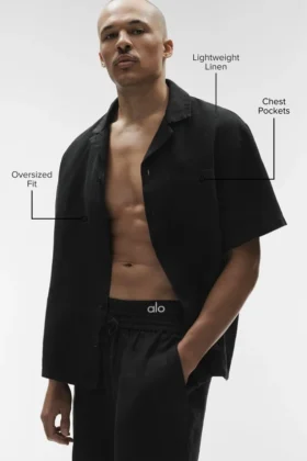 Chemise boutonnée à manches courtes Linen Days – Noir