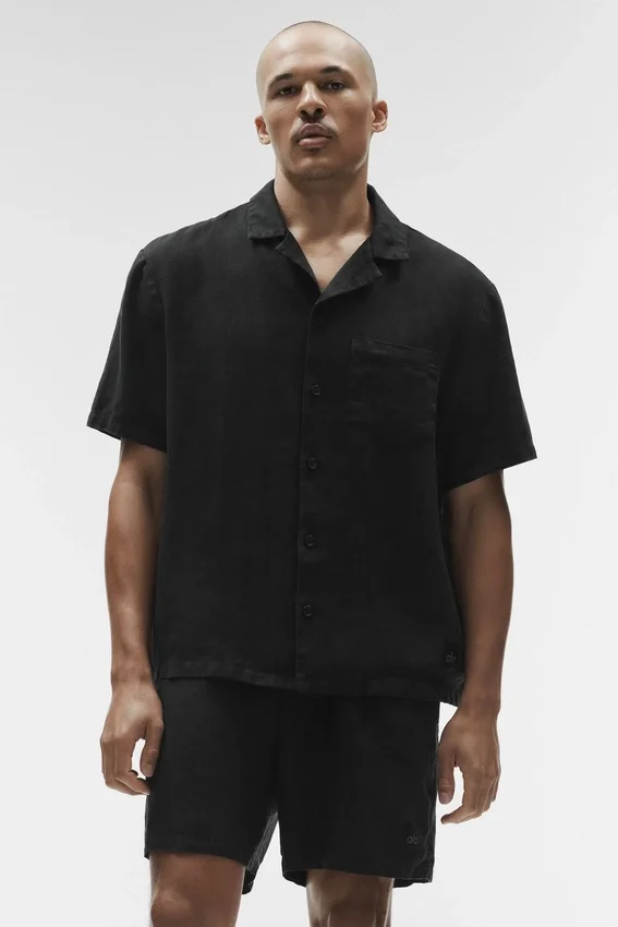 Chemise boutonnée à manches courtes Linen Days - Noir