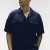 Chemise boutonnée à manches courtes Satin Horizon - Bleu marine