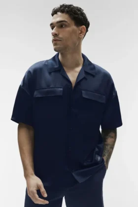 Chemise boutonnée à manches courtes Satin Horizon - Bleu marine