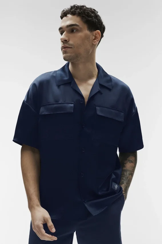 Chemise boutonnée à manches courtes Satin Horizon - Bleu marine
