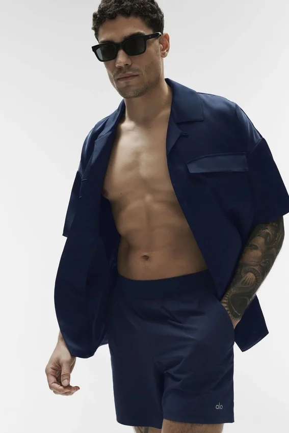 Chemise boutonnée à manches courtes Satin Horizon - Bleu marine