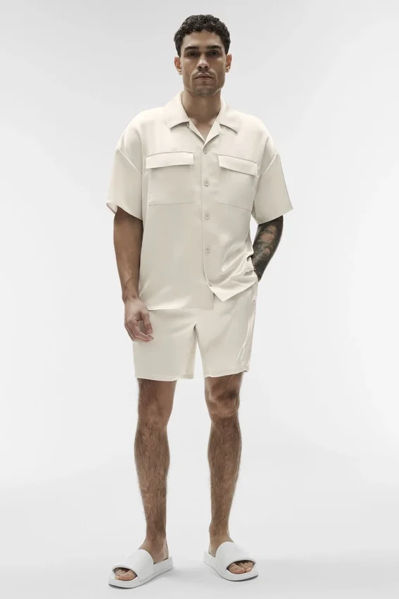 Chemise boutonnée à manches courtes Satin Horizon - Bone
