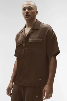 Chemise boutonnée à manches courtes Satin Horizon - Espresso