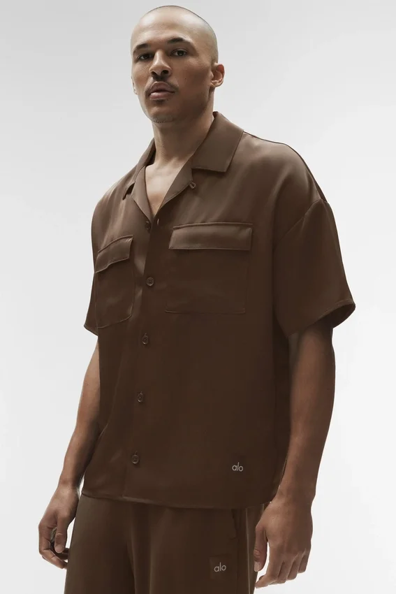 Chemise boutonnée à manches courtes Satin Horizon - Espresso