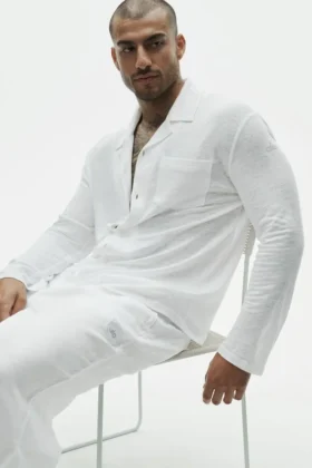 Chemise boutonnée à manches longues en jersey de lin « Coastal » - Blanc