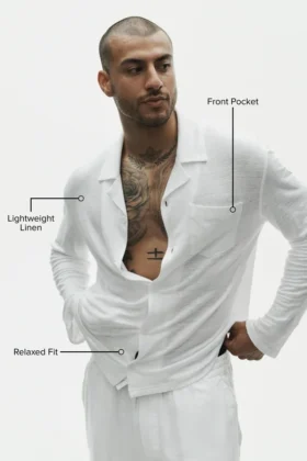 Chemise boutonnée à manches longues en jersey de lin « Coastal » – Blanc