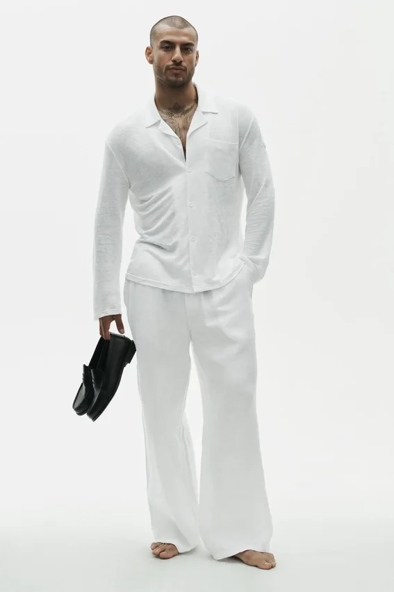 Chemise boutonnée à manches longues en jersey de lin « Coastal » - Blanc